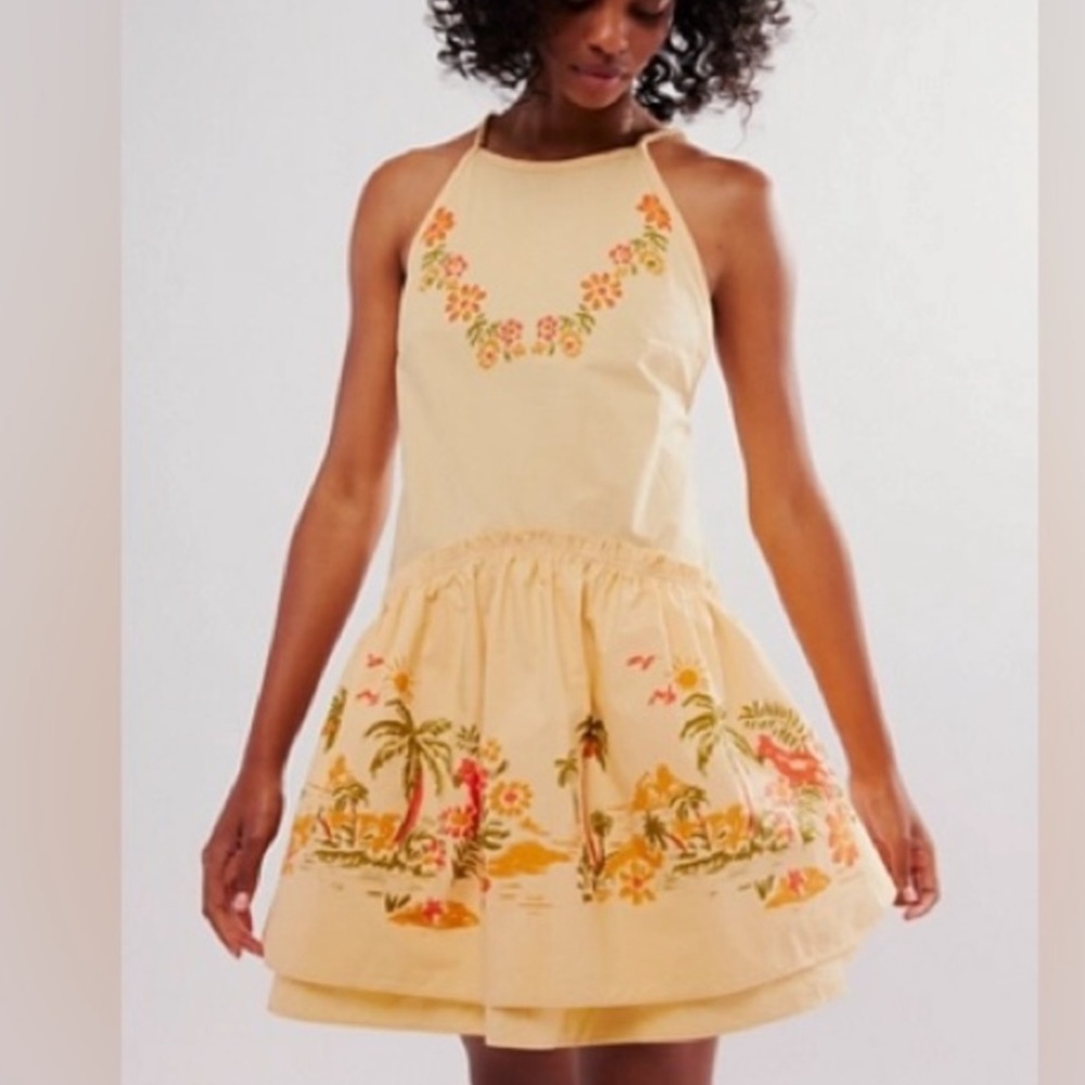 NWT Free People Deserted Island Mini Dress Tropical Print Open Back Sz M Apricot